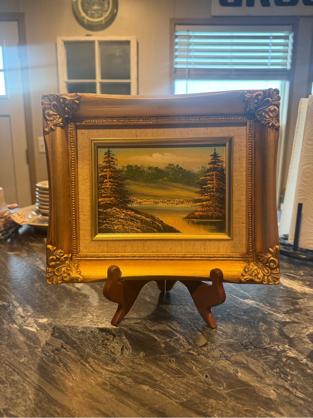 Vintage Framed Landscape Original Oil Painting in Gold Ornate Frame